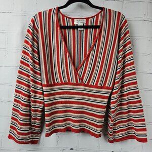 Striped Bell Sleeve Faux Wrap Sweater Shirt Top Womens L Retro Cropped MSSP